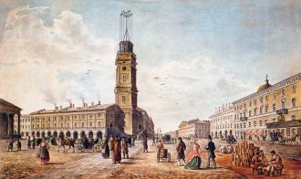 Nevsky Prospect by the City Duma. Watercolour by C. Wolfe. Middle 19th century.