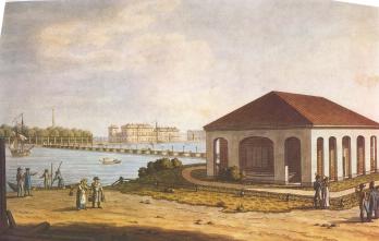 Вид от домика Петра I на Летний сад и Дворцовую набережную. Гравюра 1820-х
