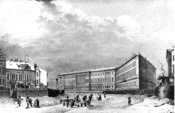 General Headquarters and Ministries Building from the Moika River. Lithograph by C.P.Beggrow of the drawing of V.S.Sadovnikov. The 1830s.