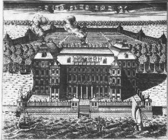 Palace of A.D.Menshikov on Vasilievsky Island. Engraving by A.I.Rostovtsev.1716.