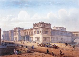 Building of the New Hermitage. Lithograph by J.Jacotte and Obraine from the original drawing by I.I.Charlemagne and Duruis. The mid-19 century.
