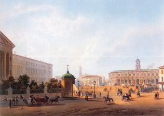 Terminal of the Moscow Railway. Lithograph by J.Jacot and Obraine from the original by I.I.Charlemagne. 1850s.