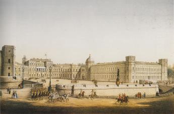 Дворец в Гатчине со стороны двора. Литография К. К. Шульца с рис. И. И. Шарлеманя. Сер. 19 в.