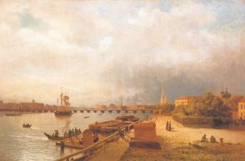 View of the Neva River and Petrovskaya Embankment with the Loghouse of Peter the Great. By L. F. Lagorio. 1859.