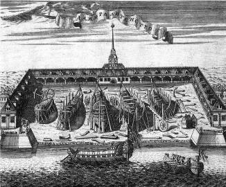 Admiralty. Engraving by A.F.Zubov. 1716.