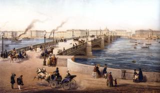 Nikolaevsky Bridge from the Angliiskaya Embankment. Lithograph by J. Jacot and Regame from the original by I.I.Charlemagne. 1850s.