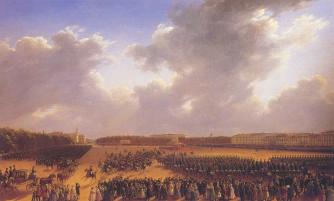 Parade of Ocotber 6, 1831 on the Tsarina's Meadow in St. Petersburg. By G.G.Chernetsov. 1837.