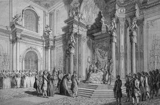 Reception of the Turkish Embassy in the Audience Hall of the Winter Palace on October 14, 1764. By A.I.Kazanchinsky from the drawing by J. L. de Velly, М. I. Makhaev. 1796.