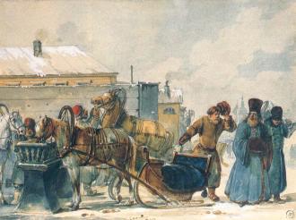 "Наем извозчика". Рис. К. И. Кольмана. 1842.