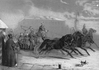 "Пожарные в Петербурге". Литография Н. Е. Сверчкова. 1845.