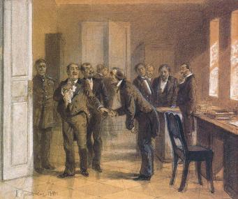 Поздравление подчиненного. Рисунок Н.П.Загорского. 1890