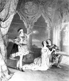 Виардо, Рубини, Тамбурини, поющие на сцене Большого театра в Петербурге. Литография Е. Гюо по рисунку К.П. Брюллова. 1844