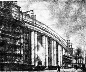 Е.И.Катонин. Строительство Фрунзенского универмага. Литография. 1930-е
