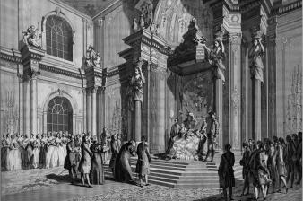 Reception of 1764 in the Winter Palace. Engraving from the drawing by M.I.Makhaev. 2nd half of the 18th century.