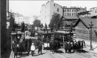 Horse Drawn Trams in the Yard of the Horse Park. Photo by K.K.Bulla. 1898.