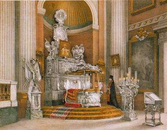 View of the Shrine with the Relics of Prince Alexander Nevsky. Lithograph by O.A.Kochetova. 1890.
