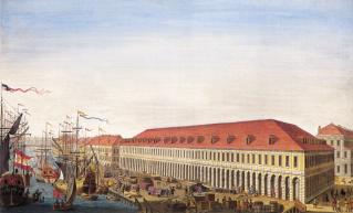 View of the Stock Exchange Building and Gostiny Dvor up-stream the Malaya Neva River. Engraving by I.P.Elyakov from the original drawing by M.I.Makhaev. 1753.