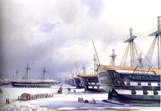 "Кронштадт. Военная гавань зимой". Акварель Л. Премацци. 1851.