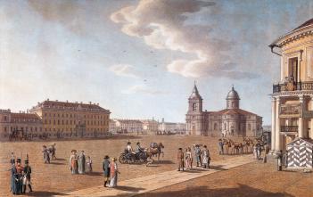 View of St.Isaac's Square from Siny Bridge. Engraving by B.Patersen. 1800s.
