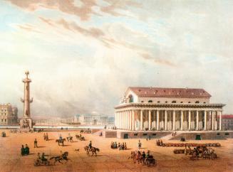 View of the Stock Exchange Building. Lithograph by L.P.-A.Bichebois from the original of V.V.Adam. 1840s.