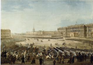 Parade on Palace Square on May 19, 1816. Watercolour by I.A.Ivanov. 1816.