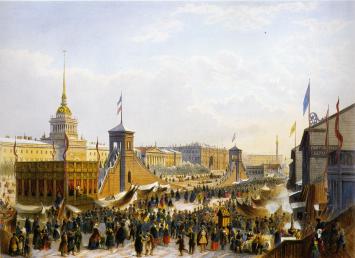 Admiralty Square during Shrovetide. Lithograph by J.Jacotte and Obraine from the original by I.I.Charlemagne. 1850s.