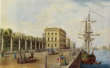 Embankment of the Neva River by the Summer Garden. Lithograph, 1820s.
