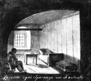 Одиночная камера в Петропавловской крепости. Рис. неизвестного художника. 1826.