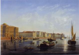 Universitetskaya Embankment. Lithograph by Muller from I. I. Charlemagne's original drawing. 1850s.