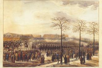 "14 декабря 1825 г. на Сенатской площади". Акварель К. И. Кольмана. 1820-е гг.