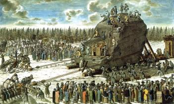 The Transportation of the Thunder-stone in the Presence of Catherine II. Engraving by I.F.Schley of the drawing by Y.M.Felten. 1770.