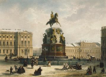 Monument to Nicholas I. Lithograph by J.Jacotte and C.K.Bachelier from the drawing by I.I.Charlemagne and Duruy. The mid-19th century.