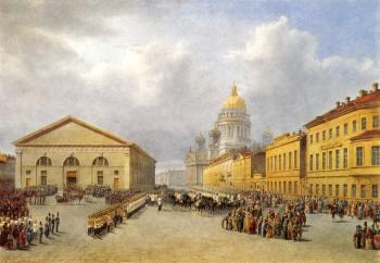 Cavalry Life Guards Regiment on Parade by Konnogvardeisky Manege.. Watercolour by V.S.Sadovnikov. 1840.
