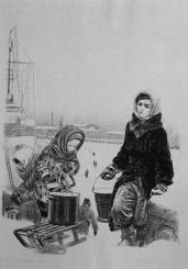 А. Ф. Пахомов. "На Неву за водой". Литография. 1942.