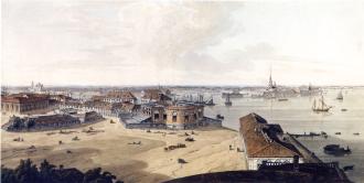 Vview of the Spit of Vasilievsky Island. Engraving by J.A.Atkinson. 1805-07.