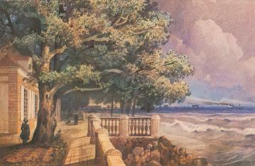 Monplaisir Terrace in Peterhof. Watercolour by A.M.Dorogov. 1847.